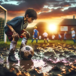 年輕的西班牙足球新星也馬在郊區泥濘球場上訓練